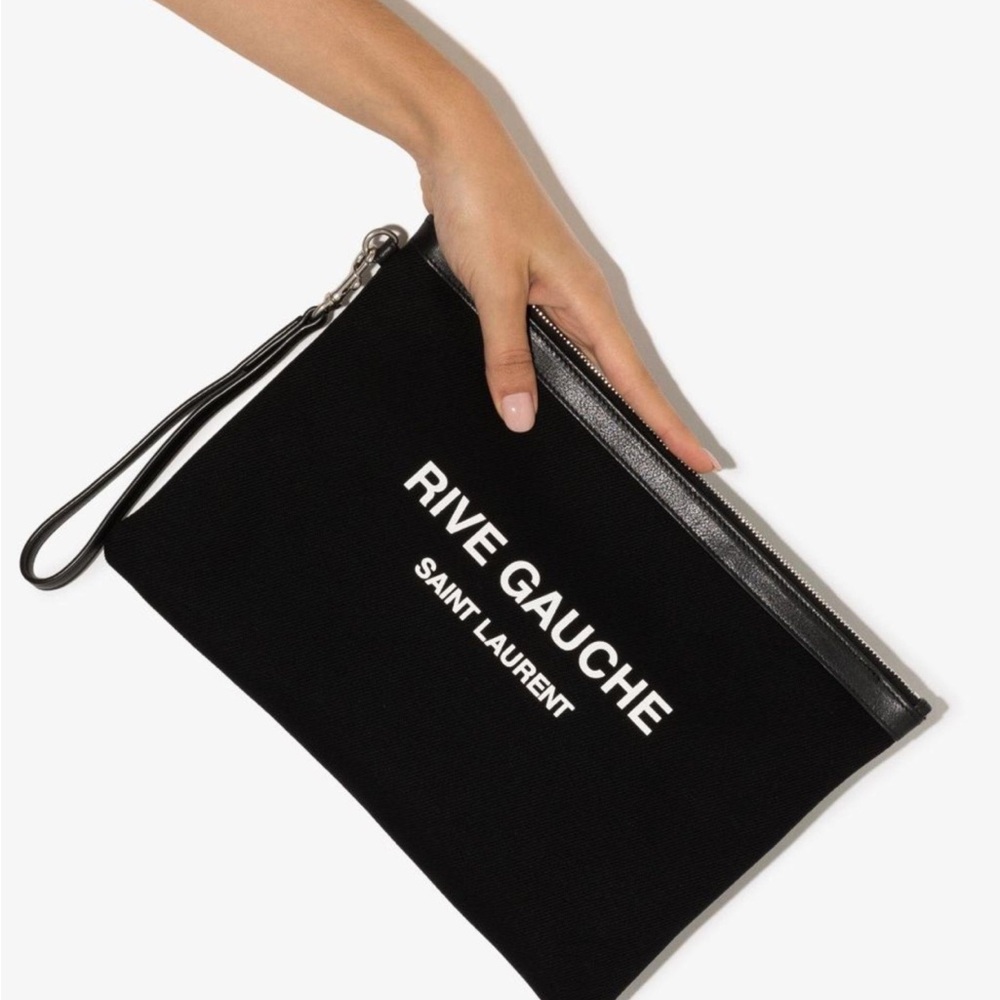 Saint Laurent Rive Gauche Black Canvas Clutch Bag New